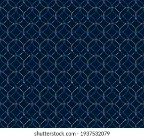 Resumen. Sashiko línea de patrones sin fisuras de fondo índigo y blanco. diseño para almohadas, papel, moda, ropa, tela, envoltura de regalo. Vector. 