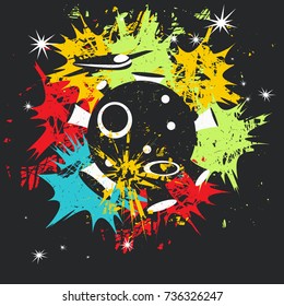 Abstract satellite on dark background with color spots. Grunge vector illustration
