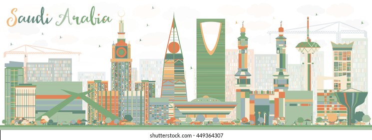 Abstract Saudi Arabia Skyline with Color Landmarks. Vector Illustration. Business Travel and Tourism Concept. Image for Presentation Banner Placard and Web Site.