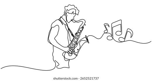 abstrato saxofonista contínuo um desenho de linha, contínuo arte de linha de saxofonista. Um desenho de linha Saxofonista abstrato, Um desenho de linha contínuo de jovem saxofonista masculino. Única