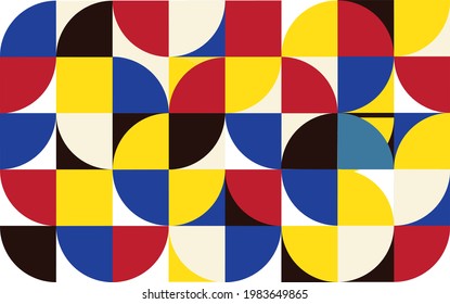 Abstract scandinavian bauhaus background. Modern colorful geometric vector pattern. Decorative trendy vintage 90's style. Bauhaus red, yellow, blue. black and white color wallpaper, brochure, poster