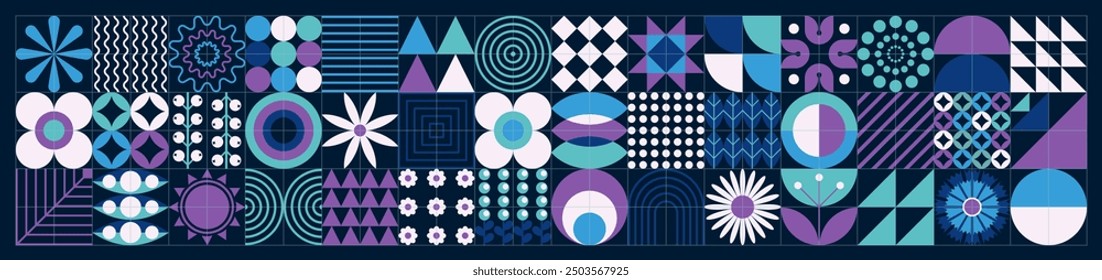 Abstract scandinavian floral background. Spring art. Mosaic textile pattern. Ukrainian motifs. Geometric style