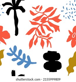 Abstract scandinavian floral seamless pattern, hand drawn flower shapes background
