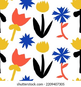 Abstract scandinavian floral seamless pattern, hand drawn flower shapes background