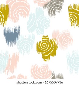 Escándalo abstracto Ikat sin fisuras. Flores de doodle pasteles dibujadas a mano, espirales sobre fondo blanco. Étnico asiático, uzbeko, indio, azteca. Tinta textura tribal para impresión de tela, papel pintado.