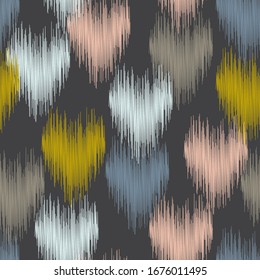 Escándalo abstracto Ikat sin fisuras con corazones pastel sobre fondo gris. Étnico asiático, uzbeko, indio, azteca. Tinta textura tribal para impresión de tela, papel pintado, envoltura de regalo, tarjetas.