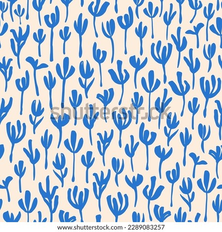 Abstract, scandinavian leaves seamless repeat pattern. Blue botanical, vector elemens all over surface print on white background.