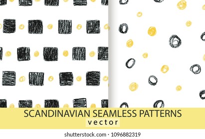 Abstract scandinavian patterns set. Hand drawn vector watercolor background with black squares, and yellow and black circles.