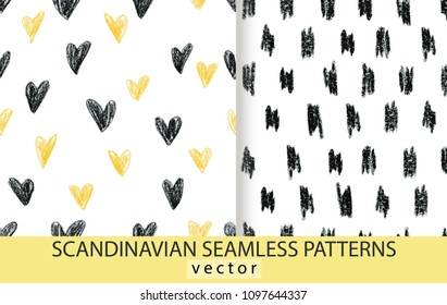 Abstract scandinavian patterns set. Hand drawn vector watercolor background with black elements, and yellow and black hearts. 