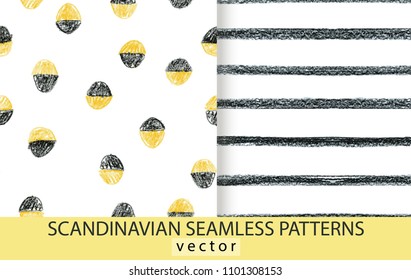 Abstract scandinavian patterns set. Hand drawn vector watercolor background with black stripes, and yellow and black polka dot circles. 