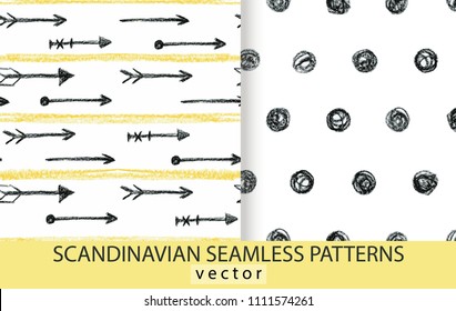 Abstract scandinavian patterns set. Pencils drawn vector background with black polka dot circles and arrows with yellow stripes. 