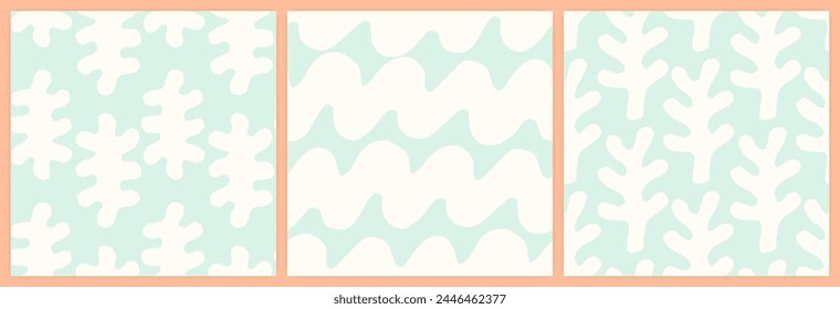 Abstract scandinavian plant shapes and waves seamless pattern set in a pastel blue and cream color palette. Abstract organic shapes minimalist muted pastel blue scandi or japandi background.