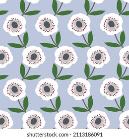 Resumen del patrón fluvial sin fisuras escandinavo. Cabeza nórdica simple y fondo de tallo. Bloque de impresión para tela de tela, textil interior. Flores folclóricas blancas retro diseño mínimo.