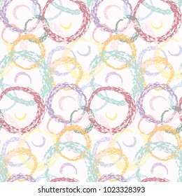 Abstract scandinavian seamless pattern with grunge color circles. Tender vector chalk scribble bubbles texture for textile, wrapping paper, background, cover, surface, wallpaper, cloth