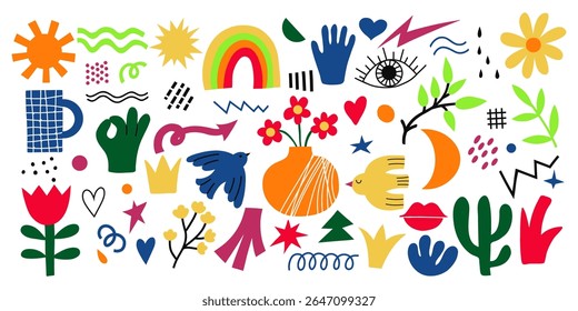Abstract Scandinavian style baby elements collection isolated on white background. Rainbow, sun, hand, eye, arrow, lightning, flower geometric shapes and more abstractions.