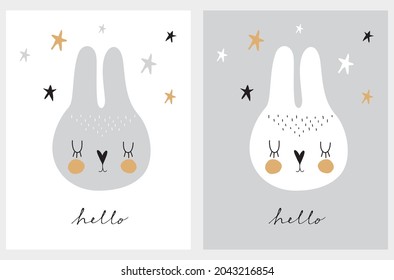 Abstract Scandinavian Style Vector Nursery Art ideal for Card, Wall Art, Kids Room Decoration. Cute Hand Drawn Baby Bunny and Stars on a White and Light Gray Background. Funny Easter Print.