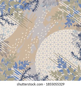 Abstract scarf design with leaf and ethnic pattern ornament. Hijab fashion motif