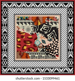 Abstract scarf design pattern-vector illustration. Hijab pattern in the frame of a square. Tribal design, ethnic African style.