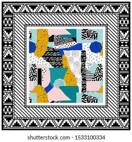 Abstract scarf design pattern-vector illustration. Hijab pattern in the frame of a square. Design in avant-garde style. Different shapes shapes with multi-colored textures.