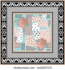 Abstract scarf design pattern-vector illustration. Hijab pattern in the frame of a square. Designed in the style of Memphis. Delicate pink and menthol color style of paper.