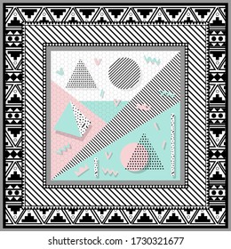 Abstract scarf design pattern-vector illustration. Hijab pattern in the frame of a square. Designed geometric in the style of Memphis. Delicate pink and menthol color style of paper.