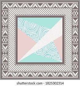 Abstract scarf design template-vector illustration. Hijab pattern in a square frame. Geometric shapes have different textures. Strokes the texture is drawn manually.