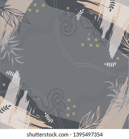 Abstract scarf pattern with brush style and leaf element on gray