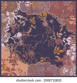 Abstract scarf pattern with colorful leaf ornament. Hijab motif with flower design