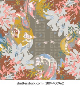 Abstract scarf pattern design with ethnic floral ornament. Watercolor hijab motif