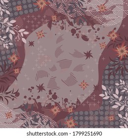 Abstract scarf pattern design with floral ornament. Hijab motif on red color
