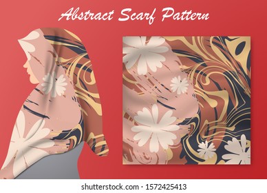 Abstract scarf pattern design for hijab fashion. Hijab scarf with splash brush ink and leaves for Printing Production.