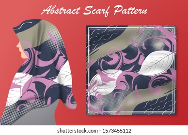 Abstract scarf pattern design for hijab fashion. Hijab scarf with splash brush ink and leaves for Printing Production.