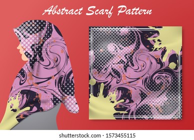 Abstract scarf pattern design for hijab fashion. Hijab scarf with splash brush ink and leaves for Printing Production.