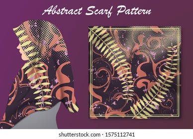 Abstract scarf pattern design for hijab fashion. Hijab scarf with splash brush ink and leaves for Printing Production.