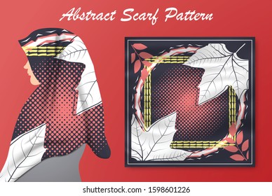 Abstract scarf pattern design for hijab fashion. Hijab scarf with splash brush ink and leaves for Printing Production.