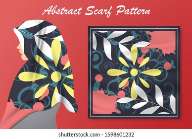 Abstract scarf pattern design for hijab fashion. Hijab scarf with splash brush ink and leaves for Printing Production.