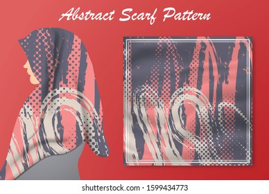 Abstract scarf pattern design for hijab fashion. Hijab scarf with splash brush ink and leaves for Printing Production.