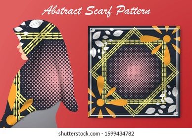 Abstract scarf pattern design for hijab fashion. Hijab scarf with splash brush ink and leaves for Printing Production.