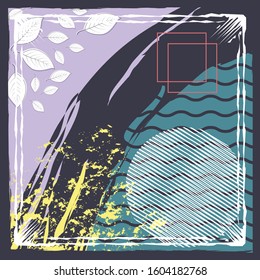 Abstract scarf pattern design for hijab and blanket. Hijab scarf with splash brush ink and leaves for Printing Production.