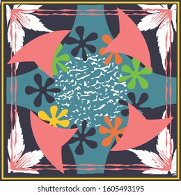 Abstract scarf pattern design for hijab and blanket. Hijab scarf with splash brush ink and leaves for Printing Production.