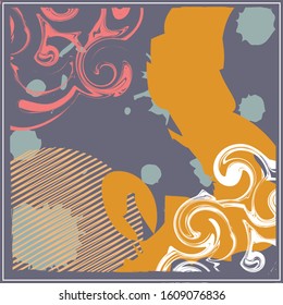 Abstract scarf pattern design for hijab and blanket. Hijab scarf with splash brush ink and leaves for Printing Production.