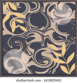 Abstract scarf pattern design for hijab and blanket. Hijab scarf with splash brush ink and leaves for Printing Production.