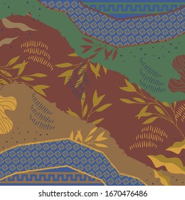 Abstract scarf pattern design for hijab with leaf and geometric ornament