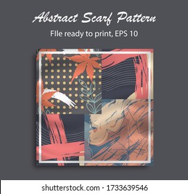 Abstract scarf pattern design for hijab and blanket. Hijab scarf with splash brush ink and leaves for Printing Production.