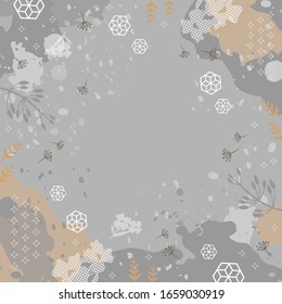 Diseño abstracto de patrones de bufanda con tinta de brocha y elemento de hoja en gris. Motivo del hiyab