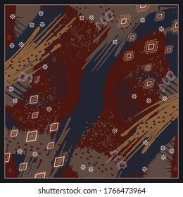 Abstract scarf pattern with ethnic ornament on navy and red color. Hijab design