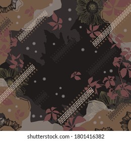 Abstract scarf pattern with floral and ethnic ornament on black. Hijab design