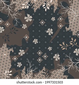 Abstract scarf pattern with floral and ethnic ornament. Hijab design with flower