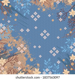 Abstract scarf pattern with floral ornament on blue. Hijab design