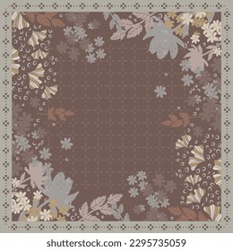 Abstract scarf pattern with floral ornament on brown. Square scarves